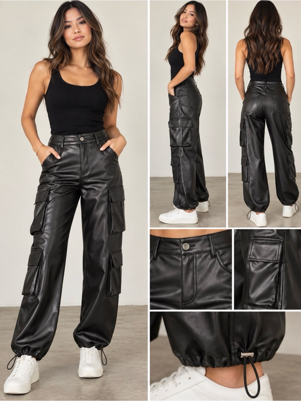 Women's Black Faux Leather Cargo Joggers